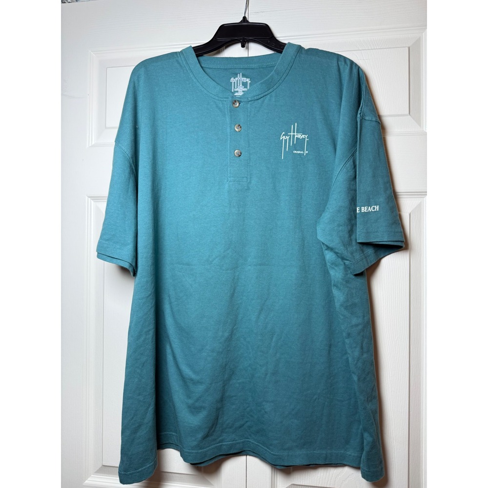 Guy Harvey Mens XXL Henley Shirt Teal Green Marlin Tuna Fishing Orange Beach XXL